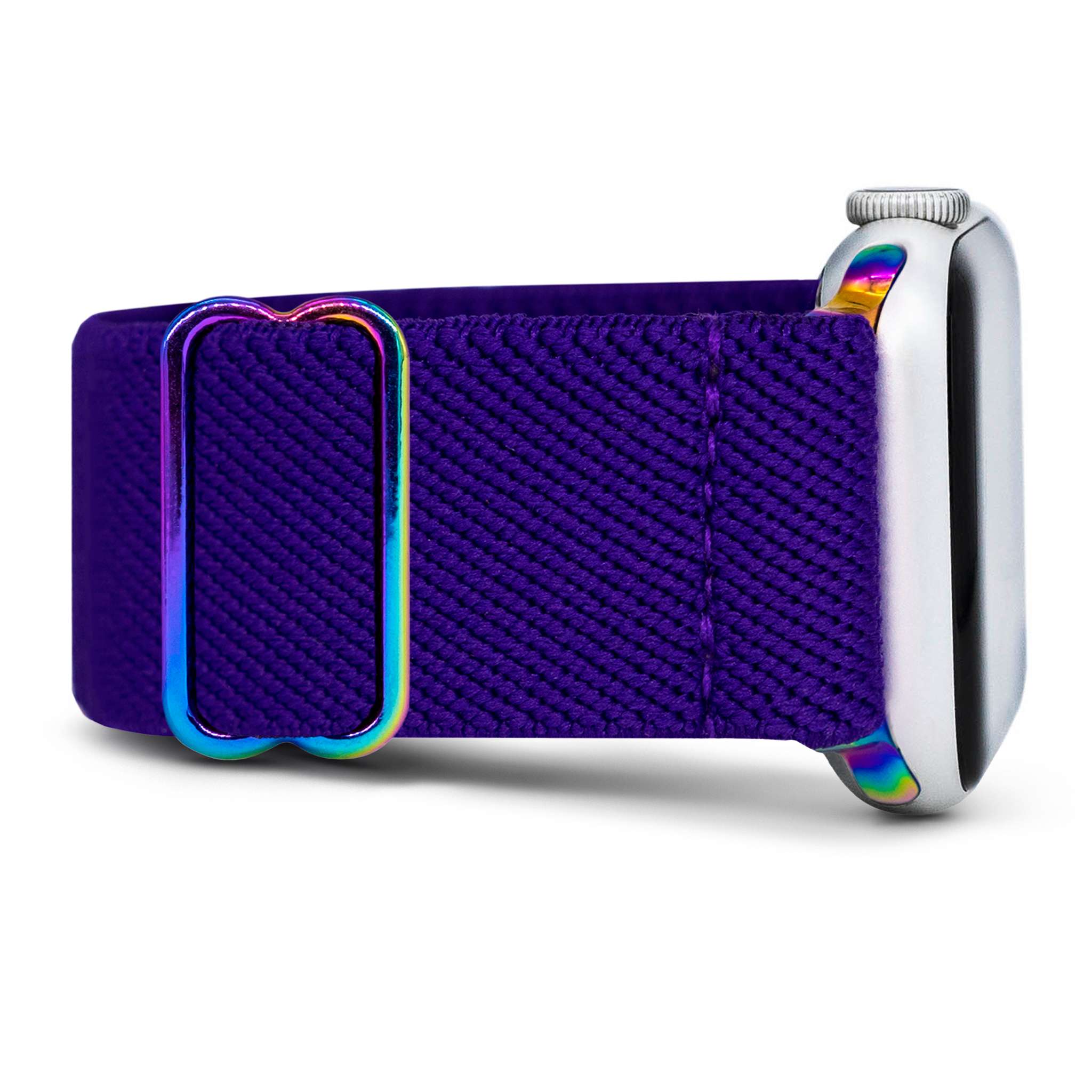 Smartwatch with a purple fabric band and rainbow metal buckle.